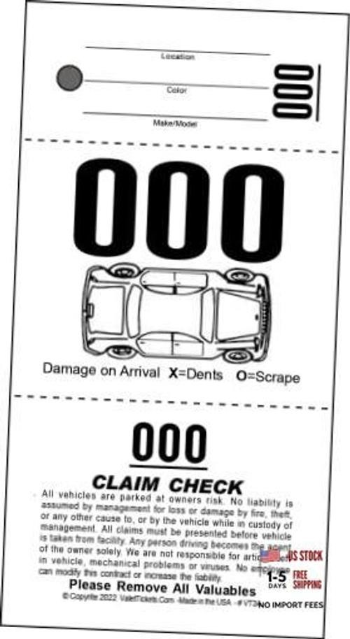 Valet Parking Tickets 3 Part, 1000 Tickets | 110lb White Card Stock, Car
