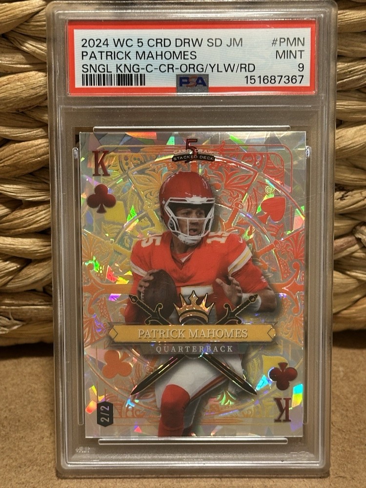Patrick Mahomes Cracked Ice Orange Wild Card 2024 5 Card Draw 2/2 PSA 9