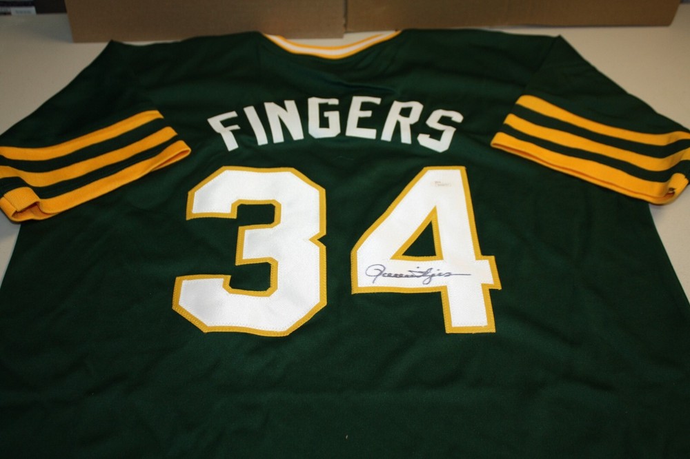 OAKLAND A&rsquo;S ATHLETICS #34 ROLLIE FINGERS SIGNED GREEN JERSEY HOF JSA
