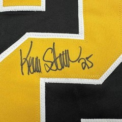 Framed Autographed/Signed Kevin Stevens 35×39 Pittsburgh Black Jersey JSA COA