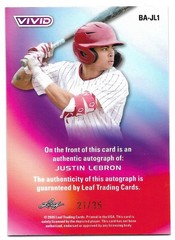 2026 Leaf Vivid JUSTIN LEBRON Autograph 21/35- #18 Overall Pick CINCINNATI REDS