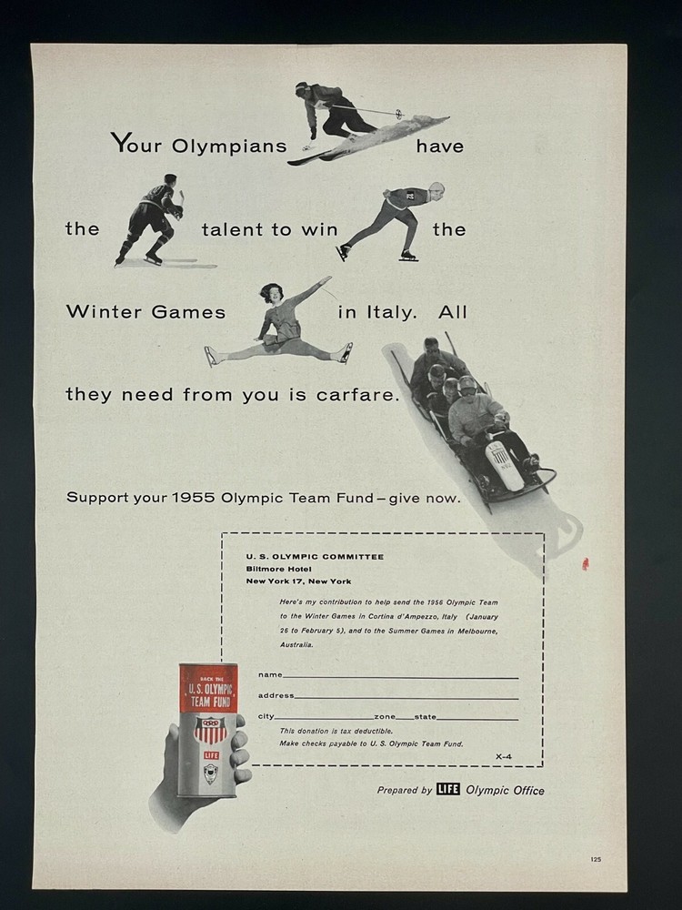 Original 1956 US Olympic Team Fundraiser Ad for Winter Olympics