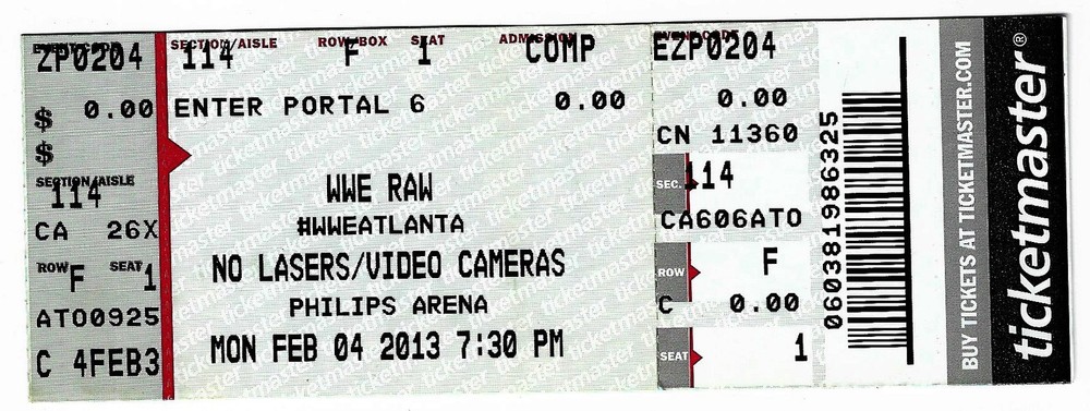 World Wrestling Entertainment 2/4/13 Atlanta Monday Night RAW WWE Rare Ticket!