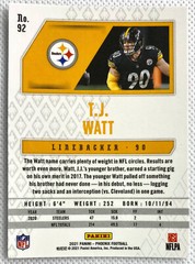 2021 Panini Phoenix Football T.J. Watt Fire Burst Card 92 SP Pittsburgh Steelers
