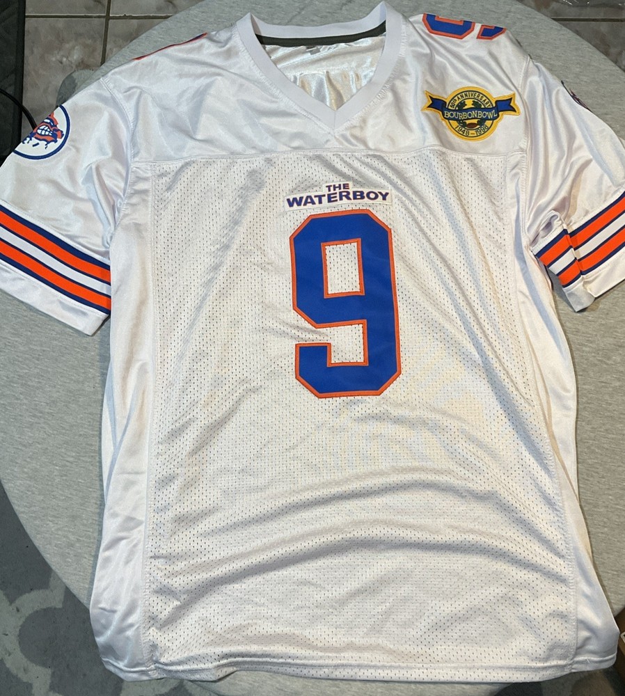 The Water Boy Bobby Boucher White Orange & Blue #9 Bourbon Bowl Jersey XL