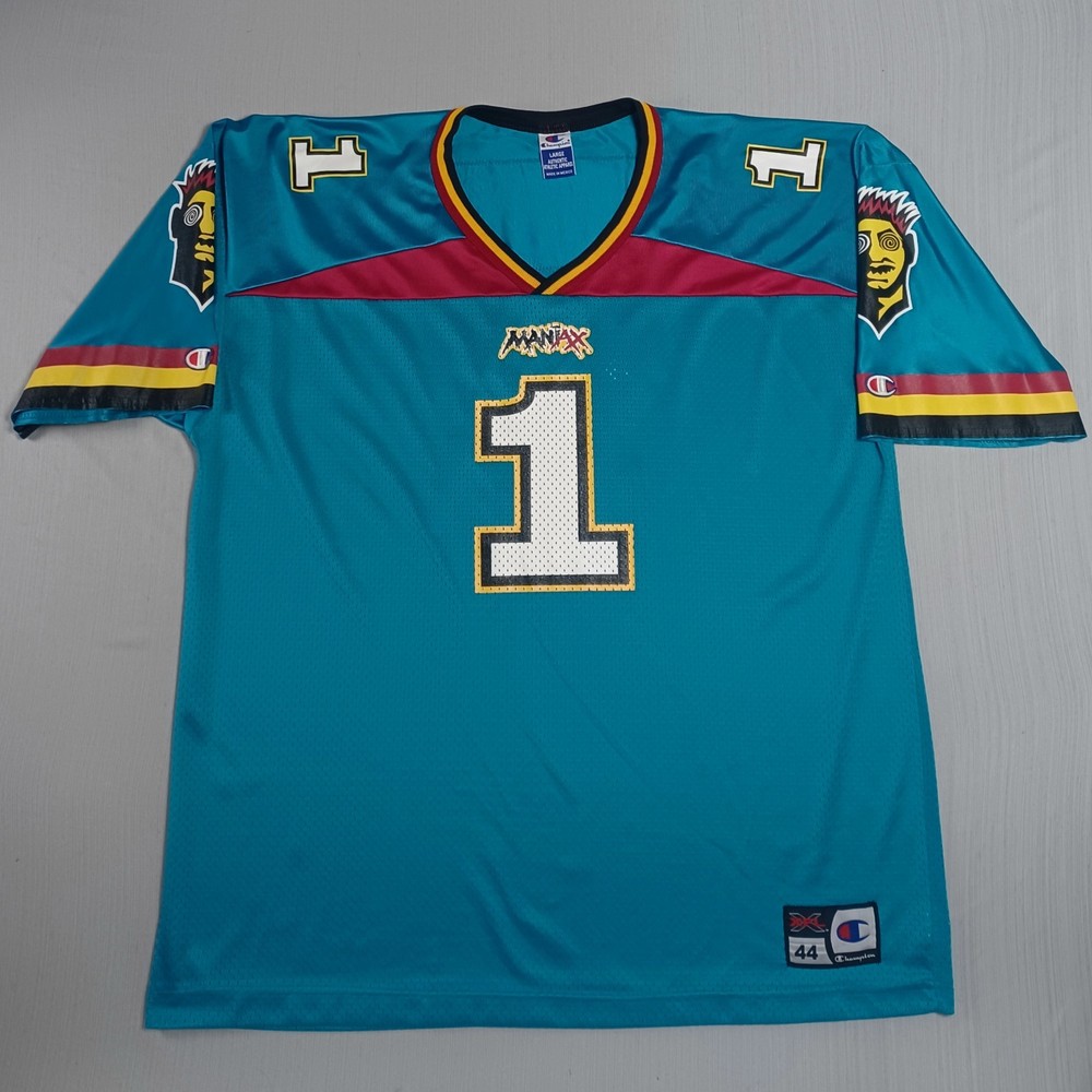 Vintage Champion XFL Memphis Maniax Jersey Mens 44 Large Teal Y2K