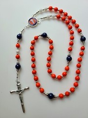 Denver Broncos Rosary Necklace Football Orange Navy Blue and White Gemstones
