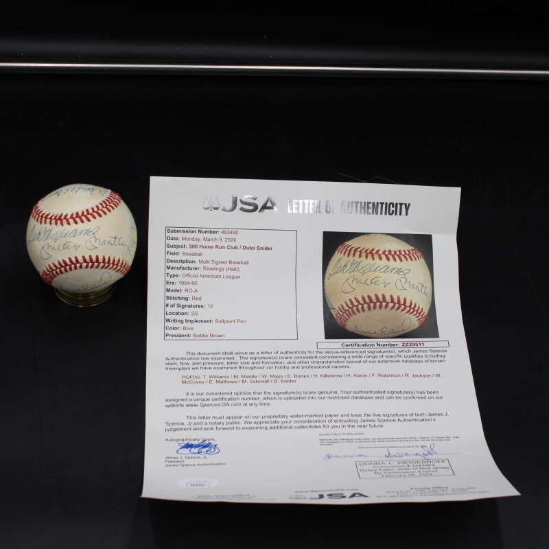 Mickey Mantle/Mays/Aaron/Williams +8 Signed Baseball 500 HR Auto JSA D14388