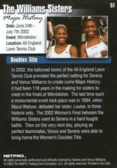 THE WILLIAMS SISTERS – SERENA & VENUS 2003 Netpro Rookie RC Card #51