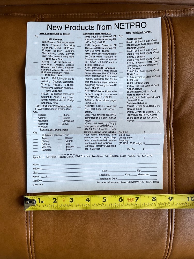 NETPRO Tennis Card Original Order Sheets 1990&rsquo;s (2 Promo Cards Included)