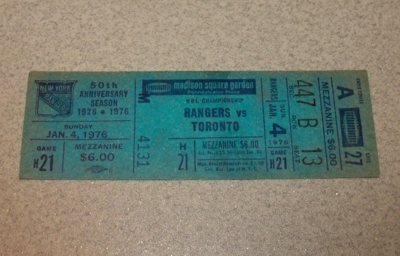 NY Rangers 1/4/1976 Full Ticket v Toronto Vadnais FINAL HAT TRICK Rod Gilbert 4p