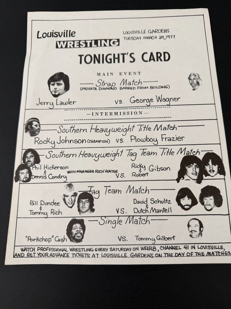 Vintage 1977 Louisville Wrestling Program Card Jerry Lawler Rocky Johnson NWA