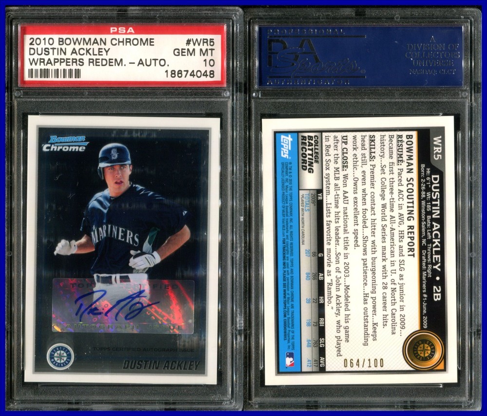 PSA 10 2010 Bowman Chrome Redemption Autograph Dustin Ackley RC 64/100 POP1