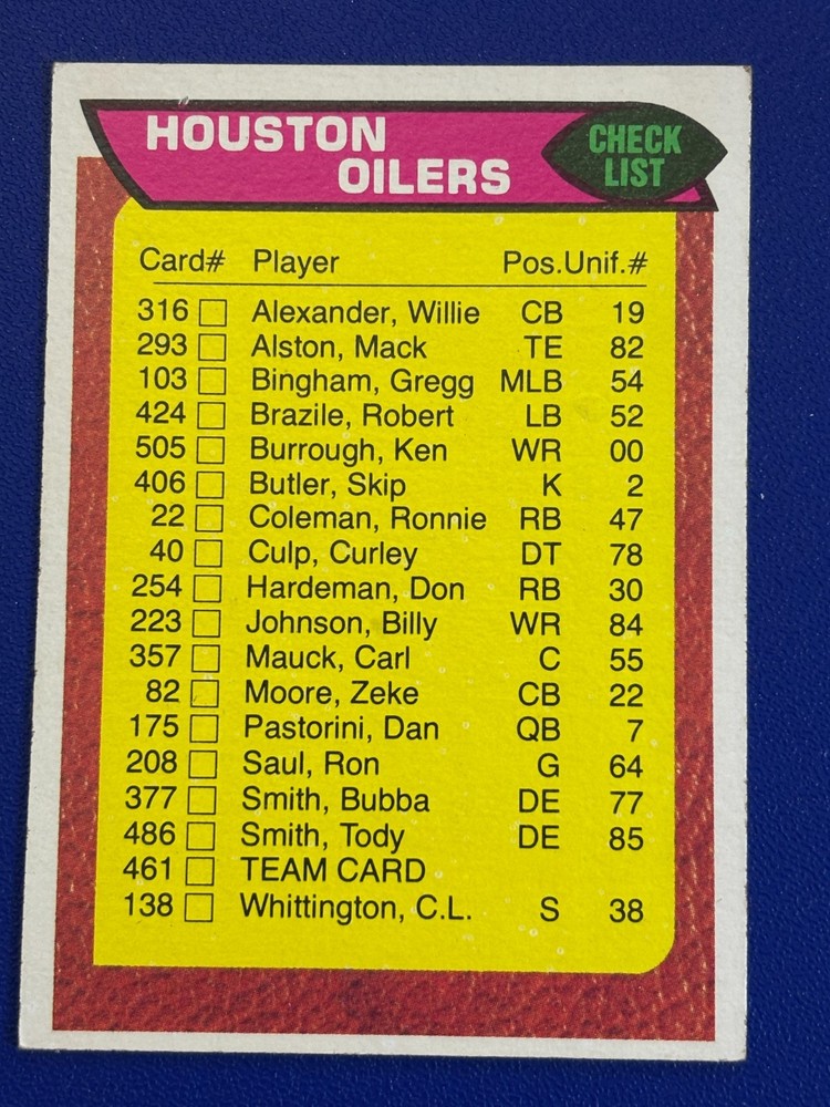 🏈 1976 Topps Football Base Card Checklist #461 Houston Oilers Unmarked 🏈