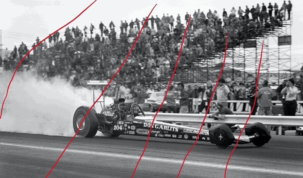 « Big Daddy » Don Garlits Top Fuel dragster &lsquo;wheel pants&rsquo; 12 x 18 photo at Pomona