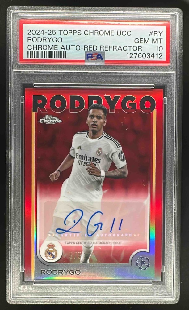 2024-25 Topps Chrome UCC Auto Red Refractor #CA-RY Rodrygo /5 PSA 10 POP 1
