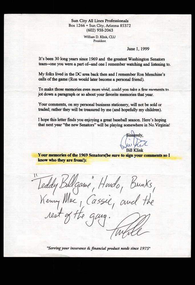 FAN LETTER RESPONSE – TIM CULLEN RE: 1969 WASHINGTON SENATORS, BAS CERTIFIED