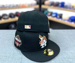 MLB New Era Los Angeles Dodgers LA Flames Patch Black Fitted Hat 59Fifty RARE