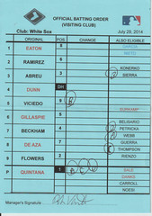 7-29-14 Chicago White Sox – Game Used Lineup Card – Jose Abreu & Adam Dunn