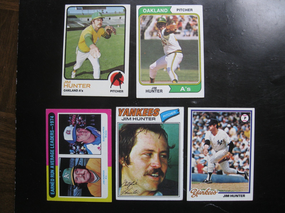 Jim Catfish Hunter 5 Card Lot 1973 to 1978 Oakland A&rsquo;s New York Yankees Vg-Ex