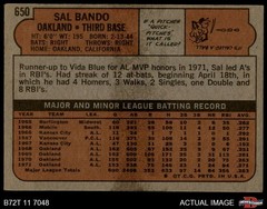1972 Topps #650 Sal Bando Athletics 1.5 – FAIR