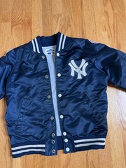 NY Yankees 80s Vintage Athletic Jacket Blue Satin Bomber Varsity Patches XS XXS