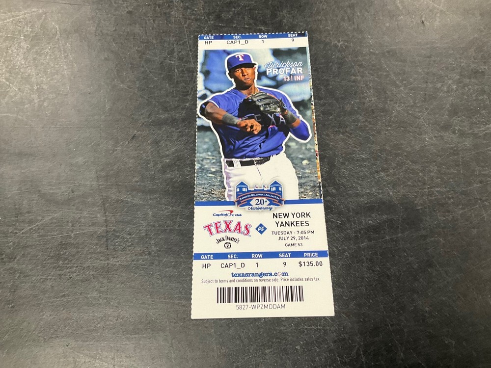 TEXAS RANGERS 2014 TICKET STUB 7/29/14 VS YANKEES~J.P. Arencibia 7 RBI GS-3