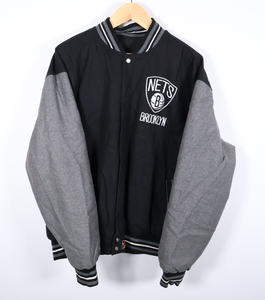 JH Design Brooklyn Nets Wool Bomber Jacket Men&rsquo;s 4XL Black Dark Gray Bomber