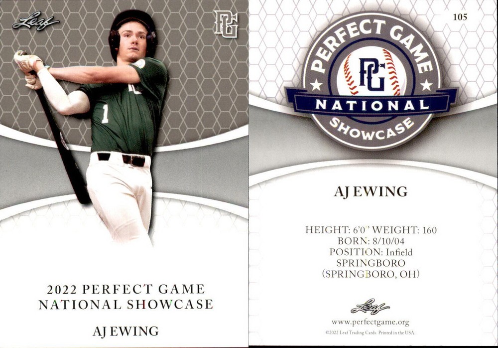 AJ EWING 2022 LEAF PERFECT GAME « National Showcase » ROOKIE CARD #105
