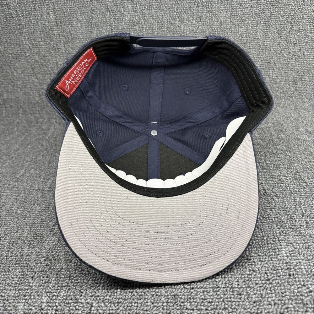 American Needle Premier Group Navy Blue Blank Snapback Hat Flat Brim Gray Under