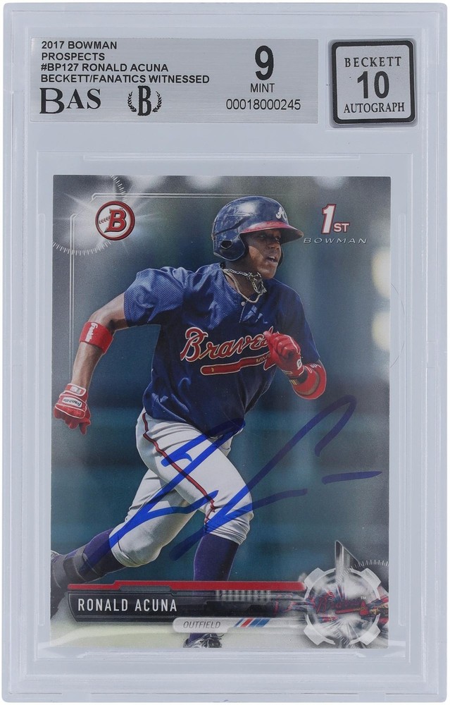 Ronald Acuna Jr. Braves Signed 2017 Bowman Prospects #BP127 Beckett 9/10 Card
