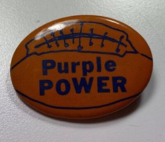 Vintage 1980s « PURPLE POWER” Football Shaped 1-1/2” Promotional Pin Back Button