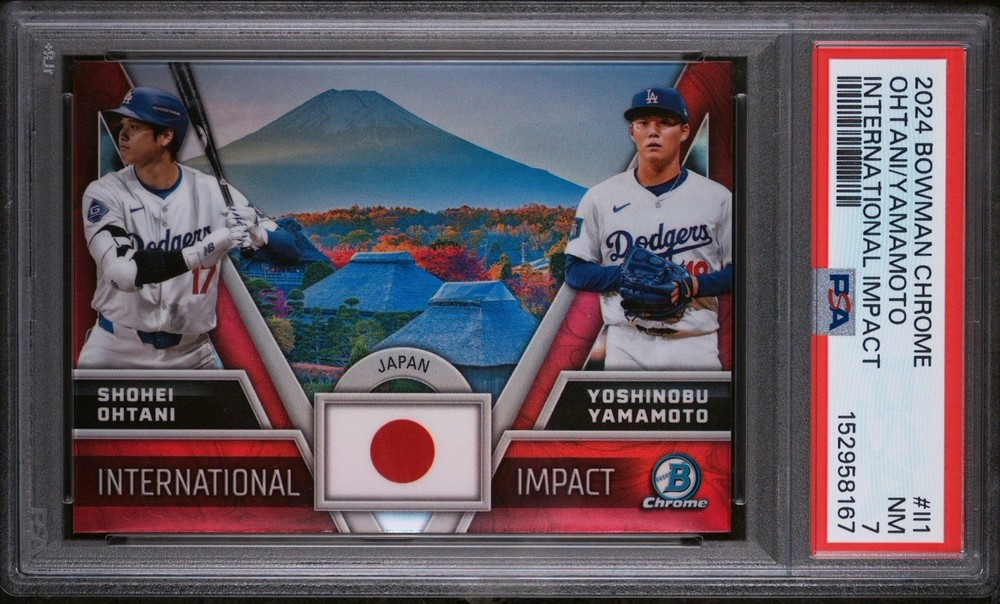 SHOHEI OHTANI YAMAMOTO 2024 BOWMAN CHROME INTERNATIONAL IMPACT II1 INSERT PSA 7