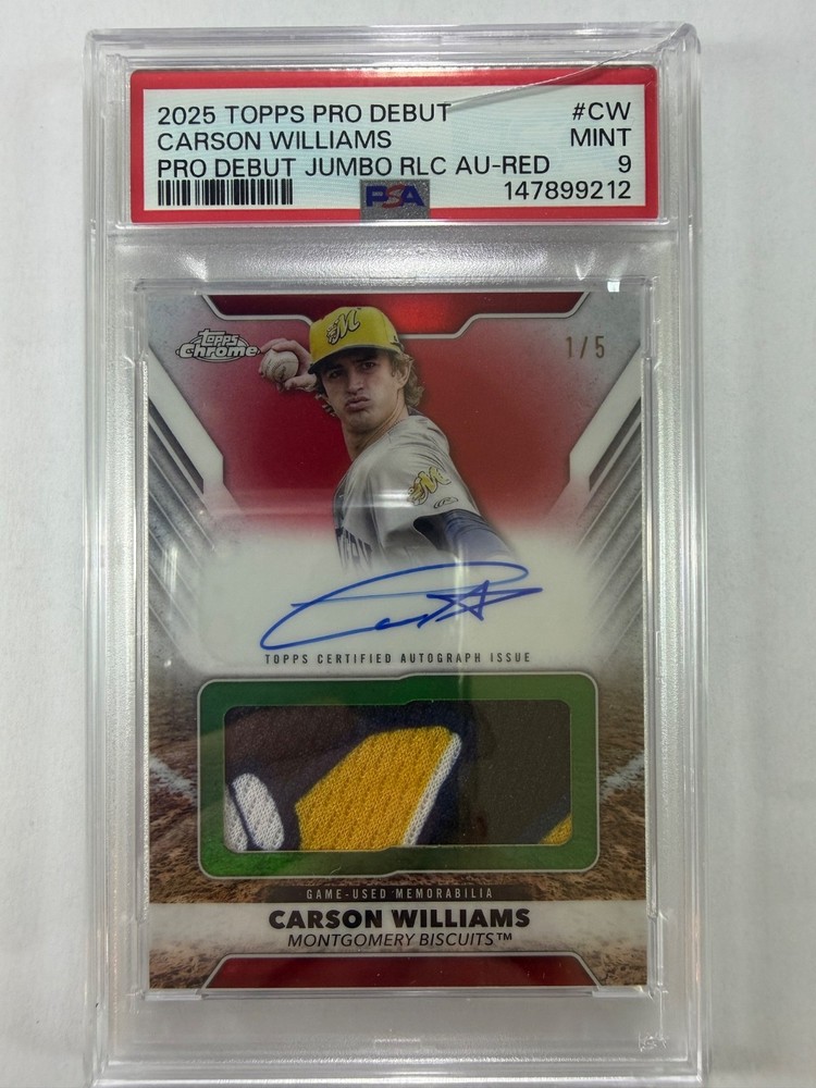 2025 Topps Pro Debut Carson Williams Red Jumbo Auto Relic Card /5 Rays PSA 9