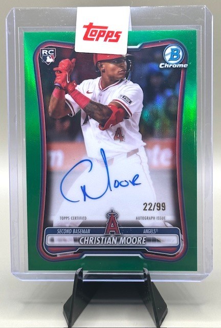 2026 Bowman Christian Moore Chrome Rookie Auto True Green Refractor RC /99