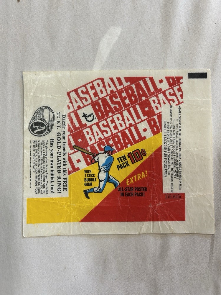 1970 Topps Baseball Card 10 Cent Wax Pack Wrapper with Gold-Plated 22-KT Ring Ad