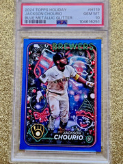 2024 Topps Holiday Blue Metallic Glitter RC Jackson Chourio Rookie H119 PSA 10💥