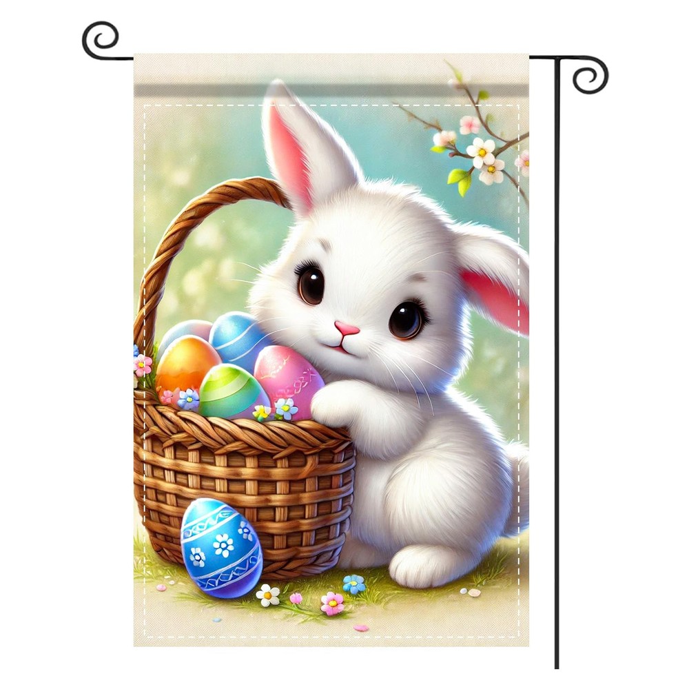 Easter Garden Flag, Cute Bunny & Basket Eggs Pattern Polyester 12×18 Inches, E