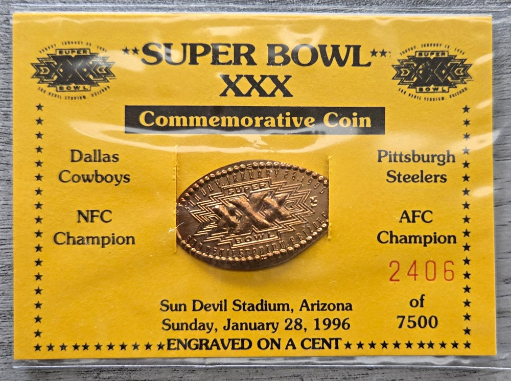 Super Bowl XXX 1996 Cowboys vs Steelers Copper Commemorative Coin