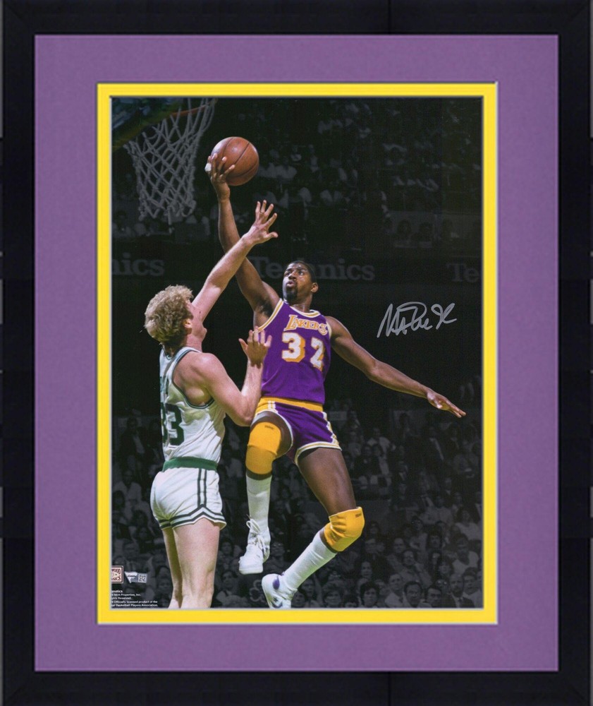 Framed Magic Johnson Lakers Autographed 16×20 Lay Up Over Larry Bird Photo