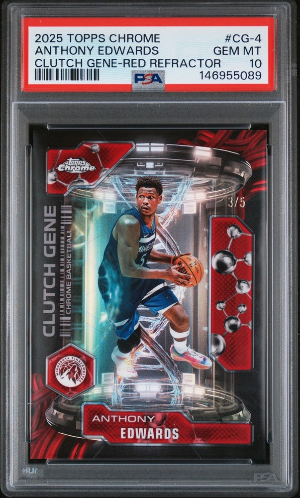 2025 TOPPS CHROME CLUTCH GENE RED REFRACTOR #CG-4 ANTHONY EDWARDS 3/5 PSA 10
