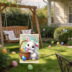 Easter Garden Flag, Cute Bunny & Basket Eggs Pattern Polyester 12×18 Inches, E