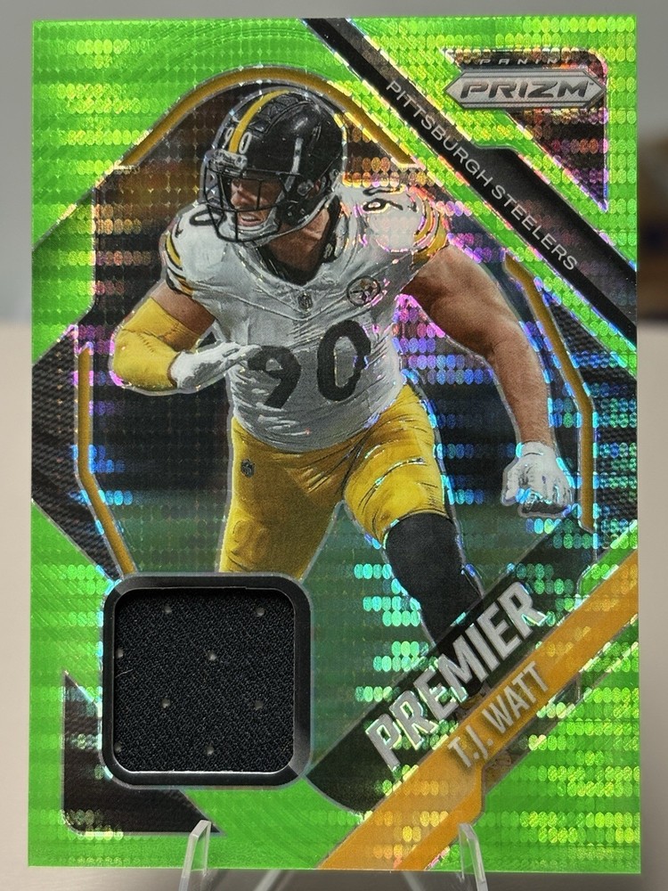 2025 Panini Prizm T.J. Watt Premier Neon Green Pulsar Prizm Patch PY-TJW
