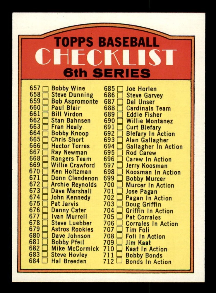 1972 Topps Baseball #604 6th Series Checklist (657-787) NM/MT *d28