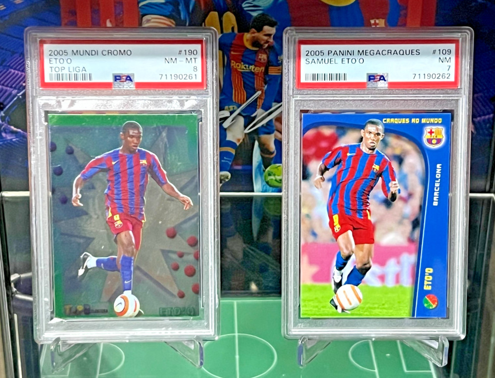 2 PSA Lot Samuel Eto&rsquo;o 2005-06 Mundi Cromo Top Liga + 2005 Panini Megacraques