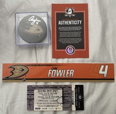 Cam Fowler Signed Entry Draft Ticket. Signed Puck And a Locker Name Plate.