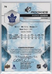 2019-20 SPx Rookies 179/299 Tier 1 Rasmus Sandin #76 Rookie Auto RC 0lb7