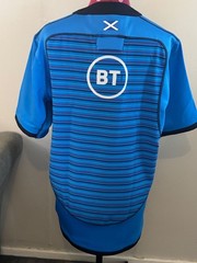 Scotland 2021/22 Rugby Training Shirt Macron Blue Striped Short Sleeve Mens XL