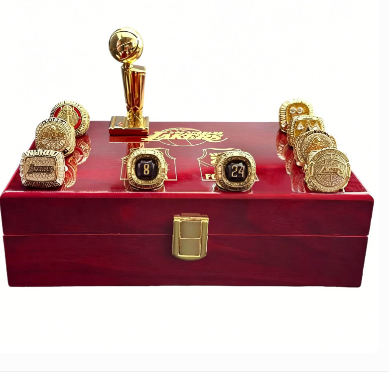 9 Pcs Los Angeles Lakers Championship Rings Trophy Set Wooden Box , Kobe Bryant