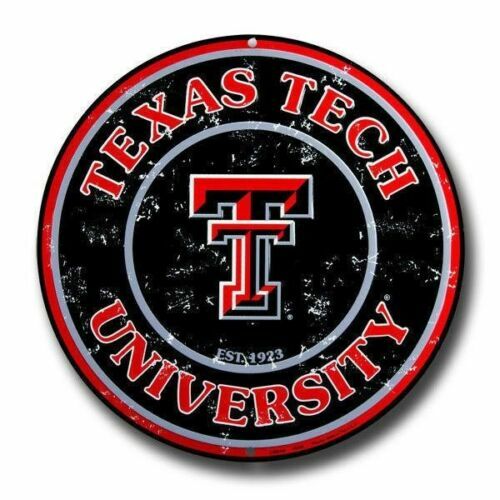 TEXAS TECH RED RAIDERS ROUND METAL SIGN 12&Prime; UNIVERSITY EMBOSSED MAN CAVE FAN